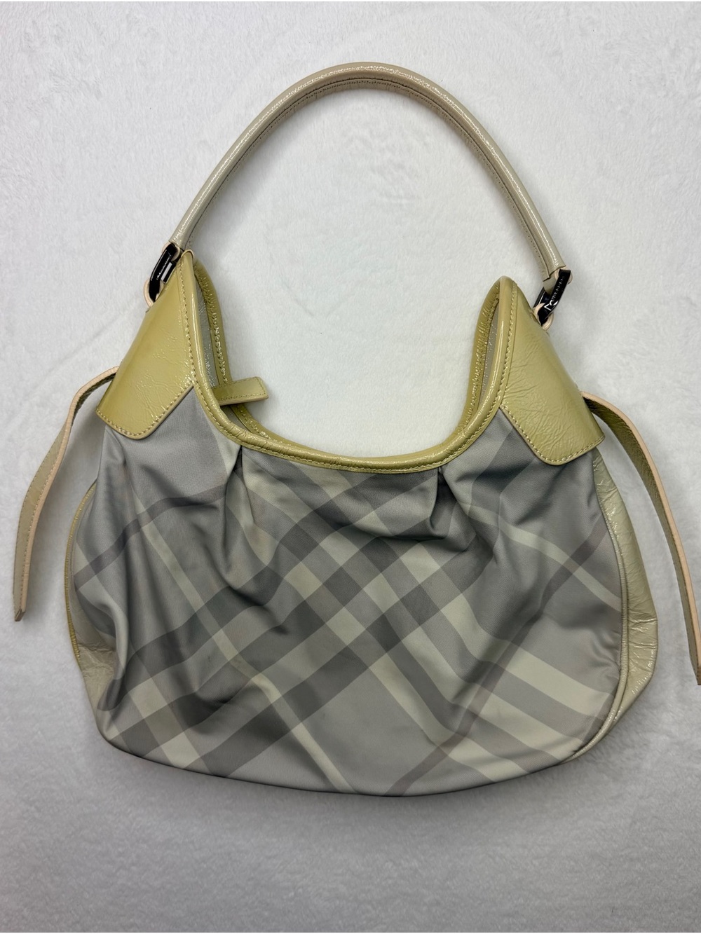 Burberry Checked Gray Nylon & Trimmed Smoke Patent Leather Shoulder Hobo Bag